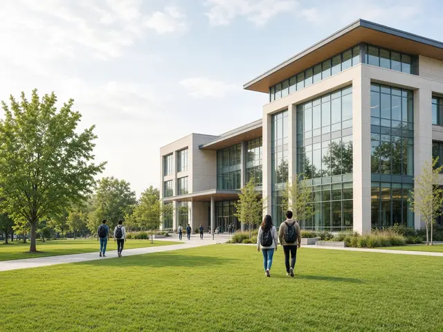 University campus with students, used in an RCS message for education