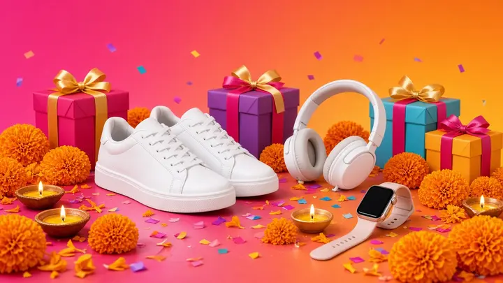 Festive sale offer with sneakers, headphones and gifts in an RCS rich card