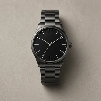 Black steel wristwatch product photo in an RCS rich card